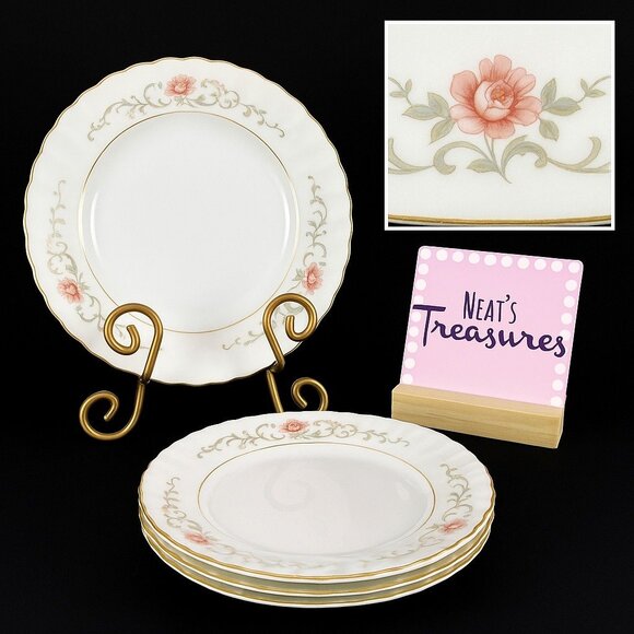 MCM Harmony House ROSEMONT Pink Roses Gray Swirl Gold Coupe Soup Bowls Set 4 - Picture 1 of 11